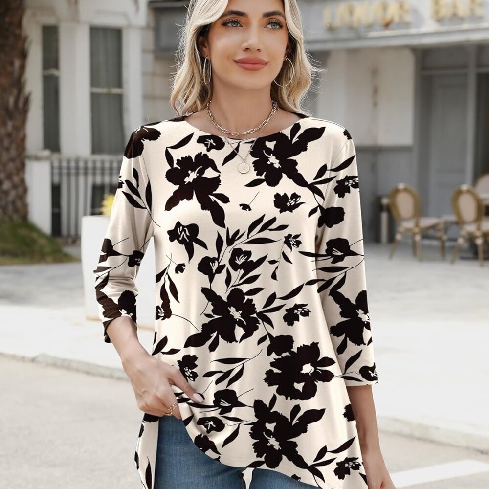 3/4 Sleeve Tunic Tops for Women Loose Fit Dressy Casual Blouse Flowy Shirts to W - Picture 2 of 4
